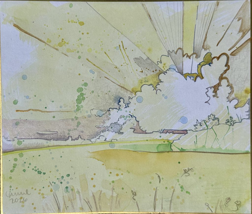 "Golden" mixed media painting by Laurel Payne. A luminous, sweeping landscape depicting a glowing yellow and green sky with stylized, radiating sunbeams breaking through a large, fluffy white cloud structure.