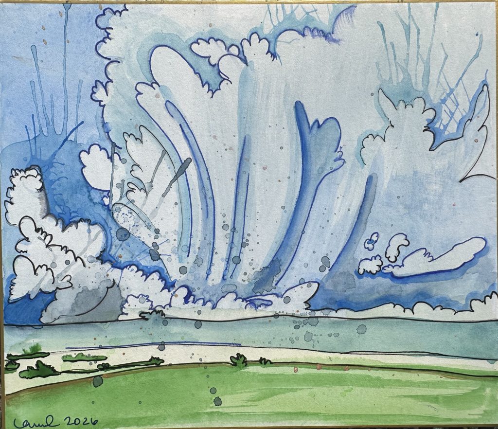 "Thunderhead building over prairie" mixed media painting by Laurel Payne. A dramatic, towering blue and white storm cloud formation rising powerfully over a stylized, horizontal green and white prairie landscape.