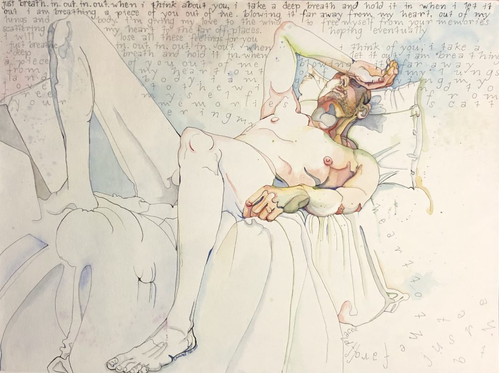 "Just Breath" watercolor and ink painting by Laurel Payne. A reclining nude male figure resting on pillows, surrounded by flowing handwritten text about breathing and letting go.