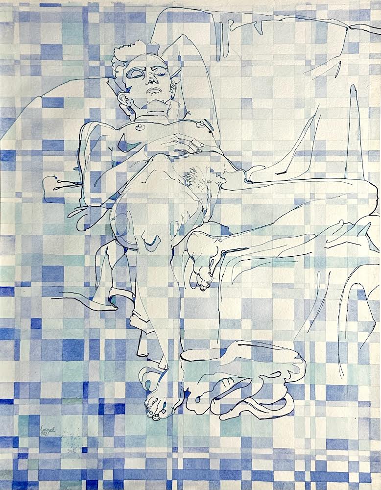 "Sheathe" watercolor painting by Laurel Payne. A reclining nude figure drawn in delicate contour lines, overlaid with a structural blue and white checkered watercolor grid pattern.