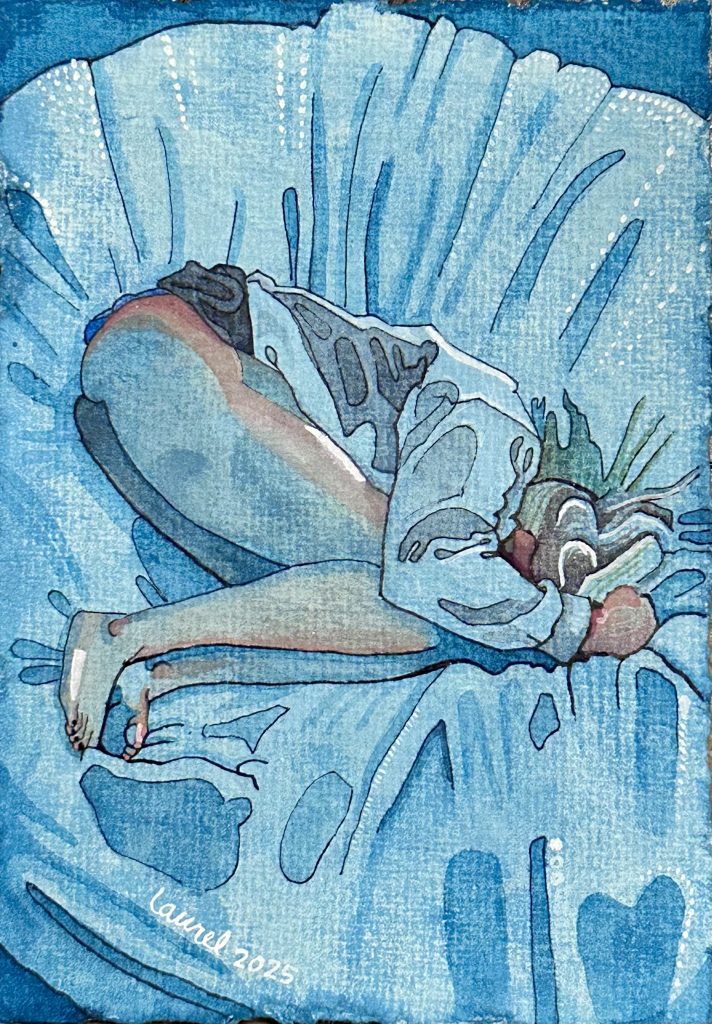 "Existential" watercolor painting by Laurel Payne. A figure curled in a tight fetal position on their side atop a textured blue and white background, wearing a light collared shirt.