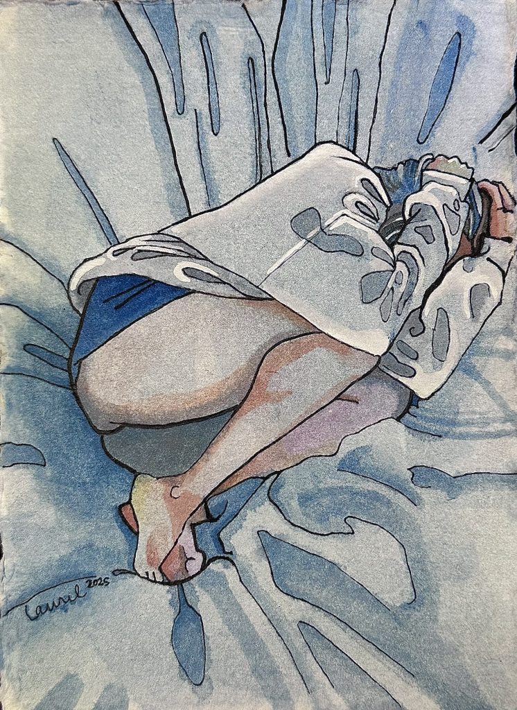 "Hide & Seek" watercolor painting by Laurel Payne. A figure curled up on their side on a blue and white surface, hiding their face into their knees, wearing a patterned white shirt and blue shorts.