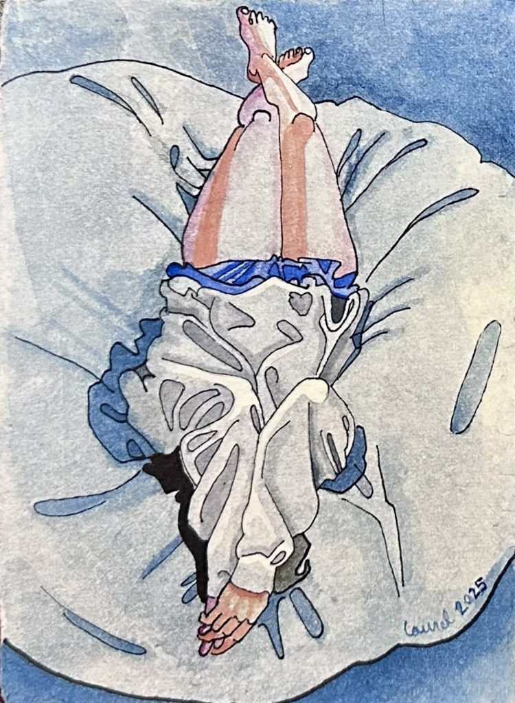 "This is Not a Portrait" watercolor painting by Laurel Payne. A figure lying face down on a sprawling blue and white surface, wearing an oversized white shirt, with legs extended upward and crossed at the ankles.