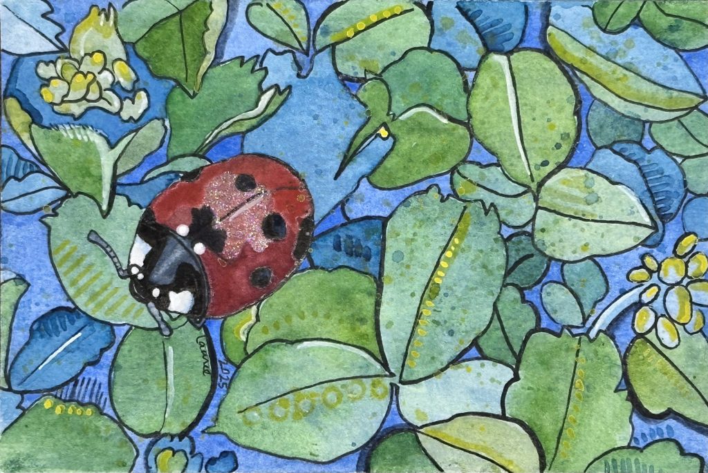 "Ladybug" watercolor and ink painting by Laurel Payne. A detailed, stylized illustration of a red ladybug resting on a dense cluster of green leaves against a blue background.