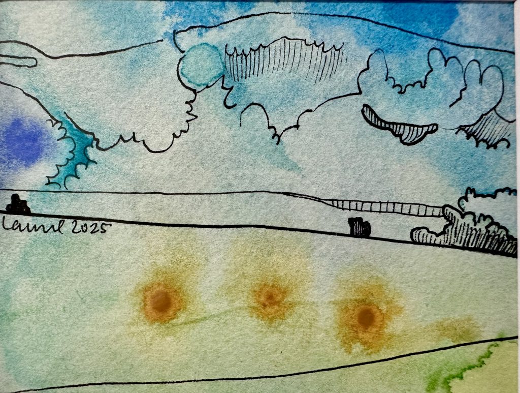 "Oklahoma Landscape" watercolor and ink painting by Laurel Payne. A minimalist, loose sketch of a prairie landscape featuring blue skies, stylized clouds, and three vibrant yellow blooms in the foreground.