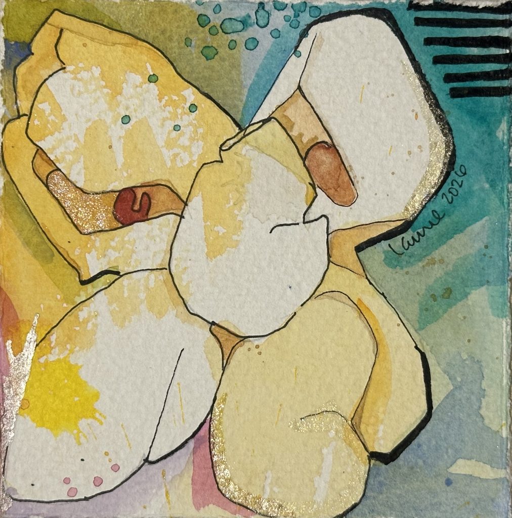 "Abby" mixed media artwork from the Popcorn series by Laurel Payne. Features stacked popcorn kernel outlines against a warm yellow-to-blue background, with a red-orange detailed core that looks almost like a stylized 'C', and distinctive black vertical parallel lines in the upper right section.