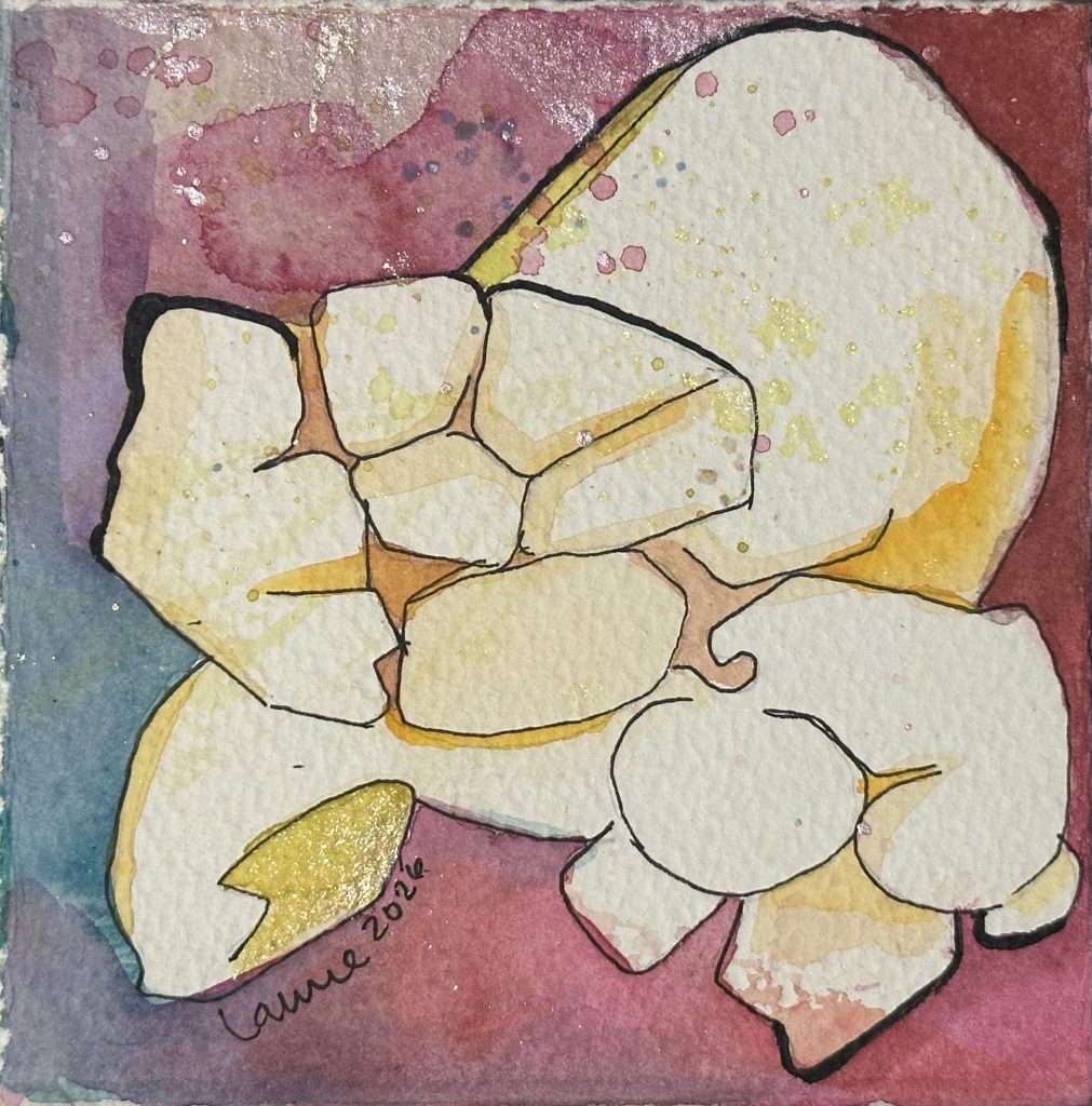 "Romance" mixed media artwork from the Popcorn series by Laurel Payne. Features white outlines of popcorn kernels over a purple and deep red-maroon gradient background, with the central kernel displaying unique, structured geometric polygonal outlines and structured segmentation.