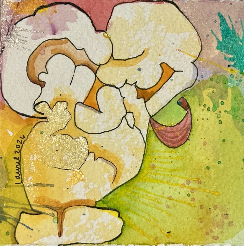 "Rumi" mixed media artwork from the Popcorn series by Laurel Payne. Features stacked white popcorn kernel outlines against a warm yellow-to-green background with splatters, distinctive green circular dots on the right, and a separate peach-colored shape detail hanging on the lower right.