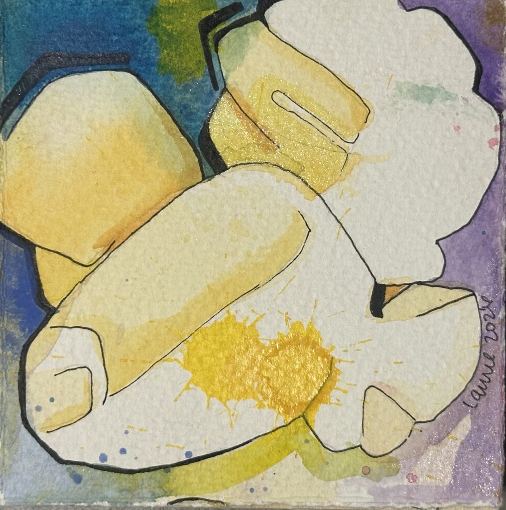 "Zoey" mixed media artwork from the Popcorn series by Laurel Payne. Features stacked popcorn kernel outlines over a dynamic blue-to-purple background, with parallel yellow rectangular shapes in the center, and a massive, vibrant yellow ink splatter detail in the lower white kernel section.