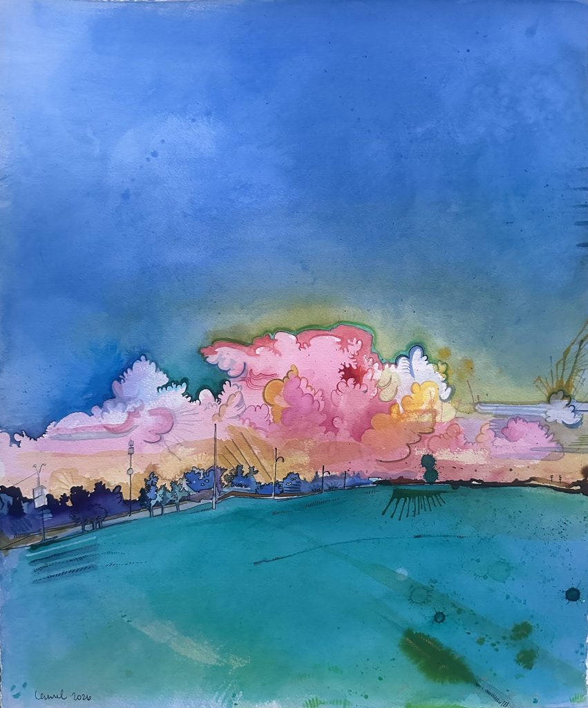"Reflections" watercolor and ink painting by Laurel Payne. A vibrant landscape featuring a deep blue sky, a dramatic pink and orange cloud bank, and a vivid teal foreground with silhouettes of trees and power lines.