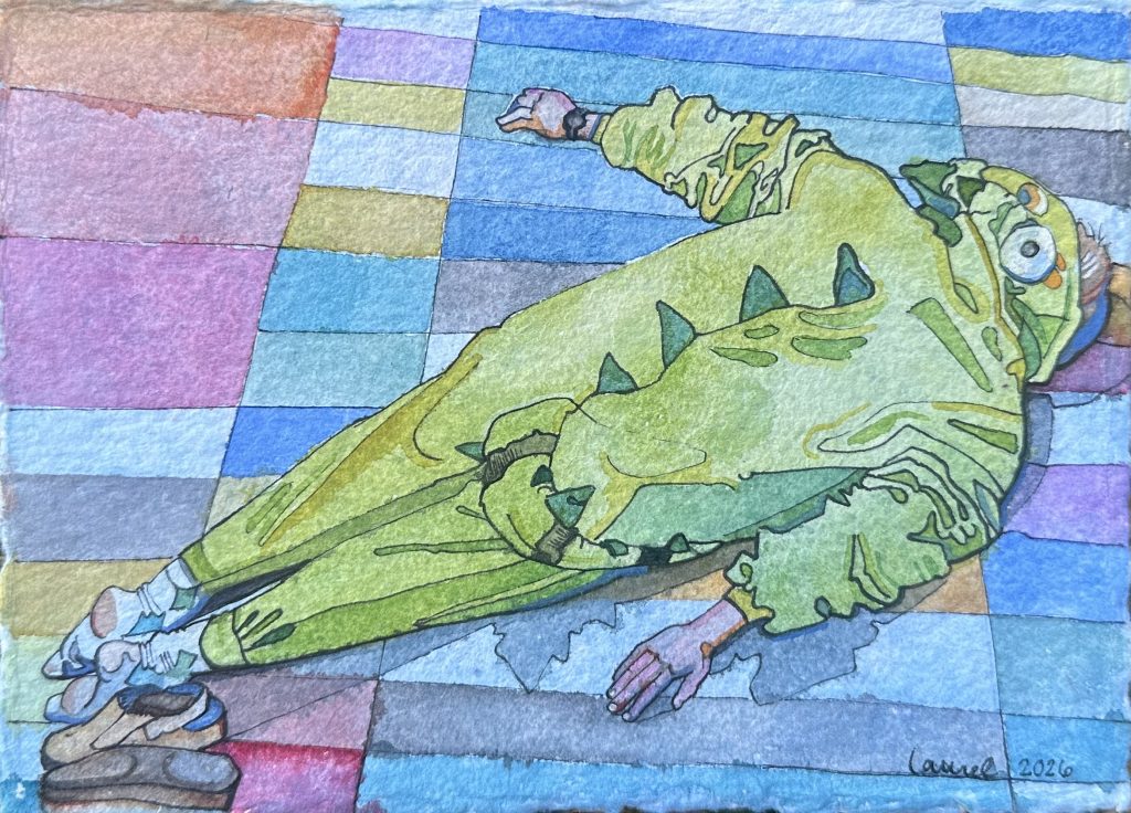 "I Can Do It All" watercolor painting by Laurel Payne. A figure wearing a bulky green dinosaur suit lying flat on their back with arms outstretched in exhaustion on a colorful, geometric checkered floor.