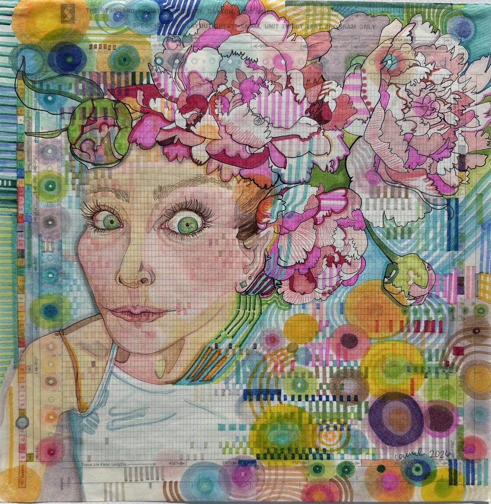 "Inside and Out: a Long Look in the Mirror" watercolor on graphing paper by Laurel Payne. A vibrant and colorful self-portrait of the artist, with a wide-eyed, penetrating stare. Artist image is surrounded with surreal colors and a floral arrangement headcover.